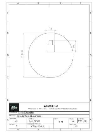 Alvo Circular - Furo Quadrado - 100mm - 6,5mm